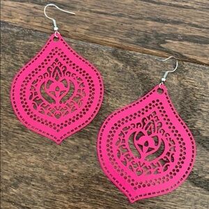 Hand Crafted Hot Pink Filigree Stamped Teardrop Dangle Earrings